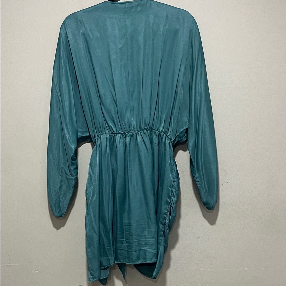 Zara Teal Satin Wrap Dress with Front Tie - Picture 7 of 7